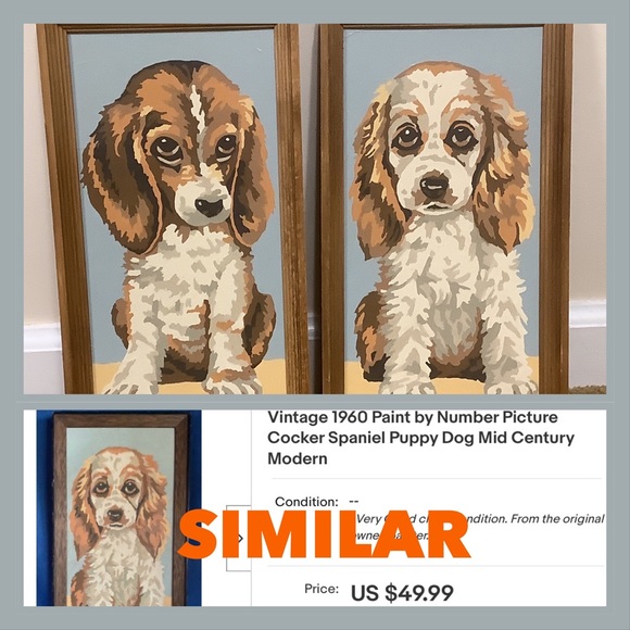 Retro Paint By Numbers Dog Pair Cocker Spaniel and Beagle Framed Pair MCM Era - Picture 16 of 16